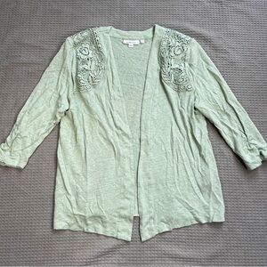 Chico’s 100% Linen Crochet Lace Cardigan Top 1 (Medium) Open Front Green